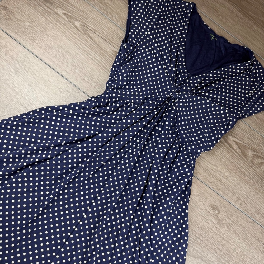 Garnet Hill Women Dress Polka Dot Twist Front V-Neck Cap Sleeve Navy Blue Sz 12